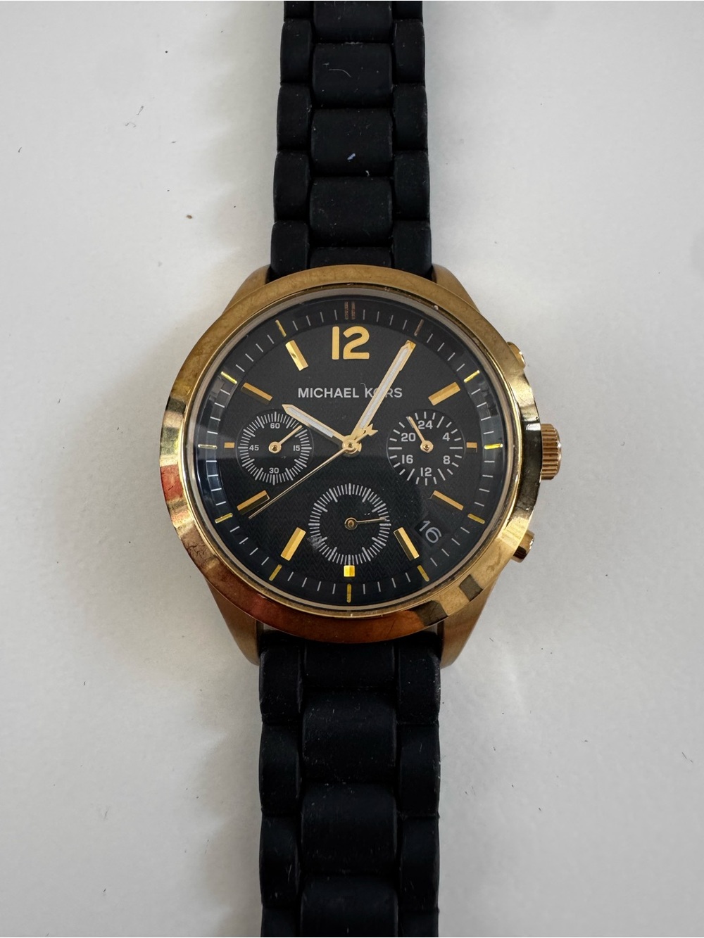 Michael Kors Black and Gold Chronograph Silicone Strap Watch